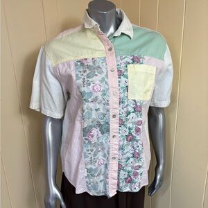 Vintage Arlando Blouse Button Front Short Sleeve Womens Size XL Colorblock